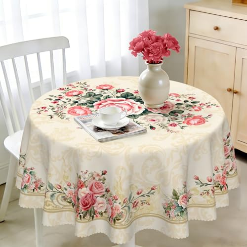 Tischdecke Rund 160 cm Wetterfest Abwaschbar - Polyester Rosen Muster - Outdoor Tischdecke für Garten Küche Esszimmer Balkon - für 6-8 Personen - Wasserdicht & Langanhaltend