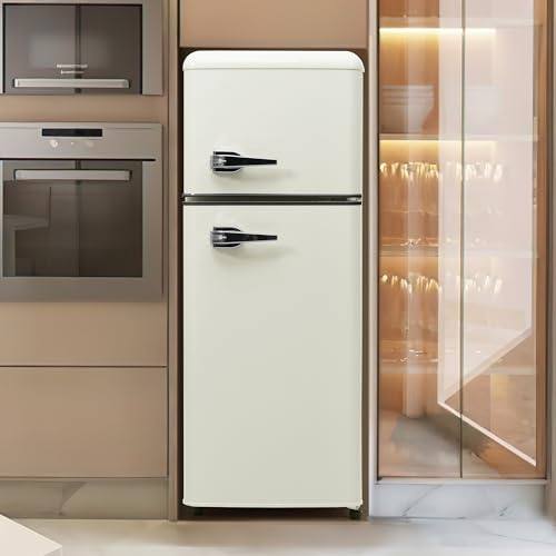 Merax Retro Kühlschrank 92L Kühl-Gefrierkombination, Zweitürig Mini Kühlschrank mit Gefrierfach 28L,Kühlschrank Freistehend, 7 Temperaturstufen,41x105,5 cm - Antikweiß