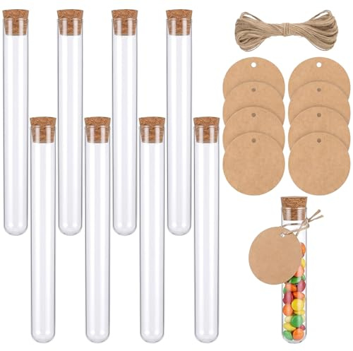 LYQNIHOB 8 Piezas ubos de Ensayo Plastico Transparente, Tubos de ensayo plastico, Tubo Ensayo con Tapones de Corcho para Laboratorio Flores Regalos Dulces, 20 x 150 mm, Cuerda de Cáñamo, Etiquetas