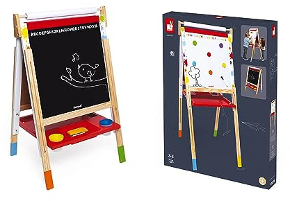 Janod Kids Wooden Double Sided Easel ‘Splash’ - Dynamic, Height Adjustable - Magnetic Whiteboard + Chalk Board - Including 13 Accessories - From 3 Years Old, J09611