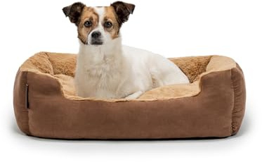 lionto Hundebett mit Wendekissen und Rutschfester Unterseite, Robustes Heimtierkissen mit tiefem Einstieg für Hunde und Katzen jeden Alters, 60x48 cm, kuscheliges Hundekissen, braun/beige