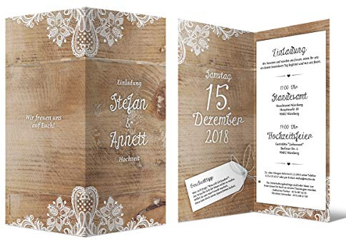 10 x Hochzeitseinladungen individuell mit Ihrem Inhalt als DIN Lang hoch Klappkarte 99 x 210 mm - Rustikal mit weißer Spitze