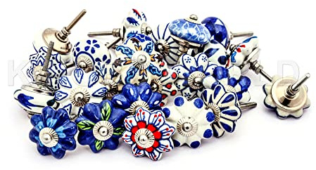 Schubladenknöpfe aus Keramik, 25 Stück, Blau und Weiß, indischer Mix