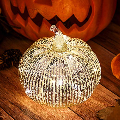hvfun Herbstliche dekorative Kürbislaterne aus gestreiftem Glas, Halloween-Dekoration und Thanksgiving-Tischdekoration, batteriebetriebenes Herbstlicht für Partys und Zuhause -Silber
