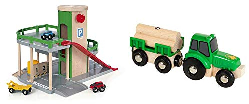 BRIO World 33204 Parkhaus, Straßen & Schienen – Eisenbahnzubehör Holzeisenbahn – Empfohlen für Kinder ab 3 Jahren & Bahn 33799 - Traktor mit Holz-Anhänger
