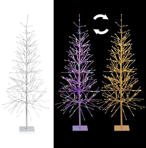 Alpine Corporation 65 H Indoor/Outdoor Pre-Lit Silver Foil Christmas Tree with Yard Stake and 360 LED Lights, Christmas Decoration