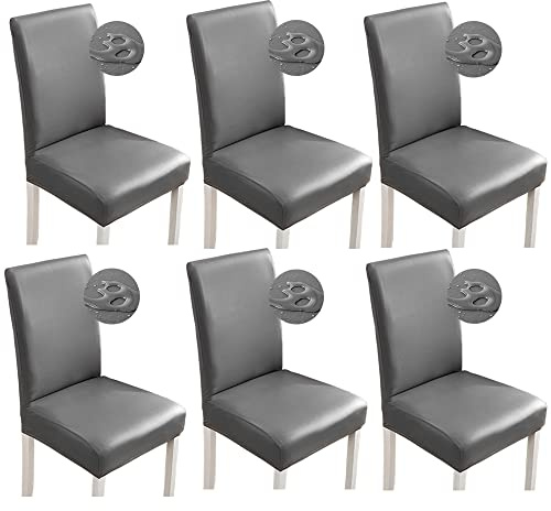 Shukii Stretch Esszimmerstuhlhussen Wasserdicht PU Leder Stuhlhussen Stuhlhussen Stuhlschoner Abdeckung Universal Stuhlhussen für Esszimmer Küche Hotel (6er Set, Grau)