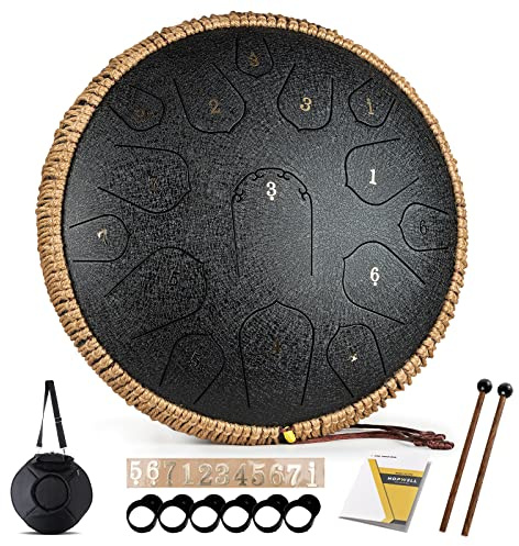 Steel Tongue Drum - HOPWELL 15 Note 14 Inch Tongue Drum - Hand Pan Drums with Music Book, Steel Handpan Drum Mallets and Carry Bag, D Major (Black)