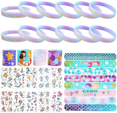 34 Stück Meerjungfrauen Gastgeschenk,mit 12Stk Meerjungfrau Leuchten Armbänder,10tlg Meerjungfrau Tattoos Set,12Stk Slap Armbänder,Meerjungfrau Party Favor Set,Geburtstag Geschenke Meerjungfrau Party
