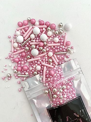 Edible Pink & White Sprinkles Mix 45g | Metallic Sugar Pearls & Balls | Cake Cupcake & Cookie Decorations | Baby Shower Wedding Birthday Baking Toppings