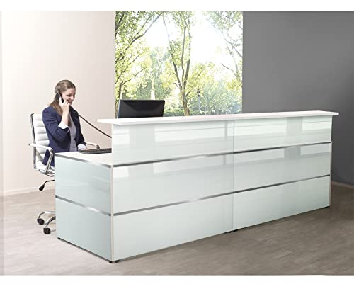 Schrank & Stuhl Empfangstresen | Empfangstheke Satinglas 8 - Beratungstheke für den Empfangsbereich | 108 x 275 x 92 cm (HxBxT) mit Taschenablage