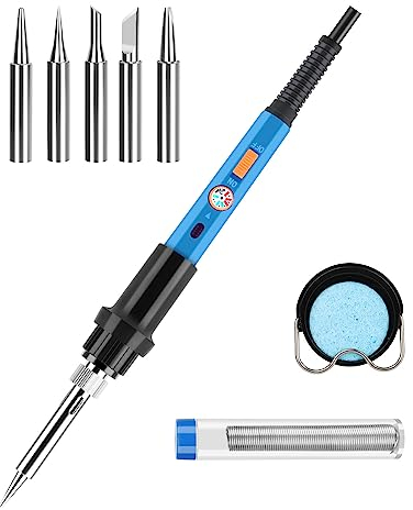 Lötkolben Set 60W,Lötkolben mit Einstellbar Temperatur 220-480°C Lötkolben mit Ein/Aus Schalter,10g Lötdraht,5 Lötspitzen,Entlötpumpe,Lötkolbenständer für Elektrotechnik Reparaturen Profi Hobbybastler