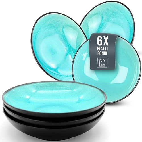 Set di 6 Piatti Fondi Moderni della Serie Ibiza, Eleganti Piatti per Pasta e Zuppe, Design Stiloso - Servizio Piatti per 6 Persone in Steingut - Pure Living acquamarina