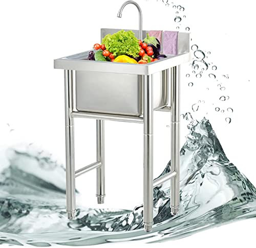 Catering-Spüle, freistehendes Spülbecken aus Edelstahl 304 für Waschküche mit 360° drehbarem Wasserhahn und Abfluss, industrielles gewerbliches Spülbecken für Restaurant-Werkstatt