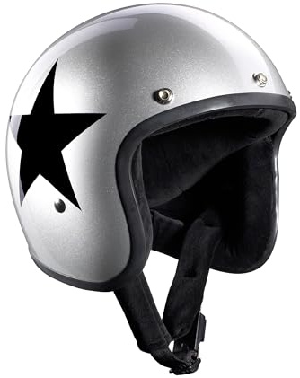 Bandit Open Motorcycle Helmet Jet Star Silver Gloss Custom Biker Style Visor Included Silver Gloss Star Open Helmet Stars (M)