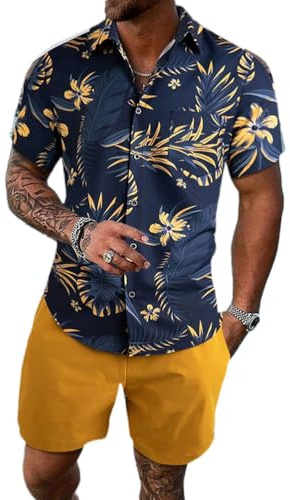 Oanviso Herren 2 Teiliges Sommer Blumenhemd Hawaiihemd und Strandshorts Floral Kurzarm T-Shirts + Kurze Hose Set Beach Freizeithemden Strand Surf Shorts für den Urlaub