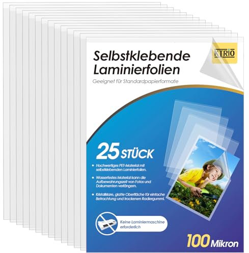 KTRIO Laminierfolien A4, Selbstklebende Laminierfolie, Kaltlaminierfolie, Laminieren ohne Gerät, 25 Stück Transparent Kaltlaminierfolie für Bastelarbeiten, Fotos, Speisekarten usw, 220 mm x 310 mm