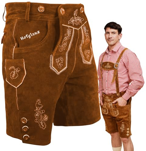 HOFGLANZ Herren Lederhose, traditionelle Trachtenhose in Hellbraun und Dunkelbraun, Größen 46-58 (DE/NL/SE/PL, Numerisch, 52, Regular, Regular, mittelbraun)