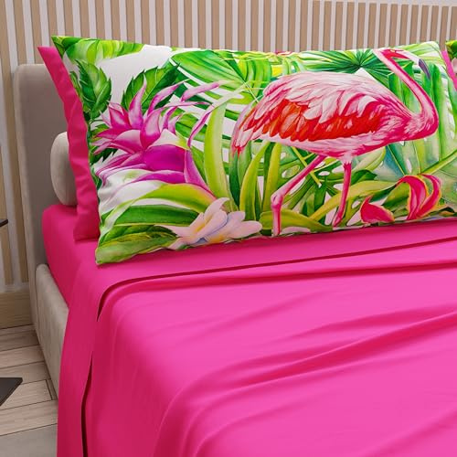PETTI Artigiani Italiani - Lenzuola in Cotone con Federe in Stampa Digitale, Lenzuola Matrimoniali, Completo Letto Matrimoniale, Flamingo Fucsia, 100% Made in Italy