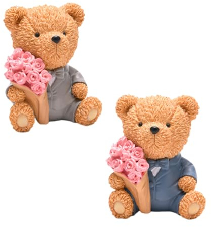 ZPSOSPZ Teddy Bear Cake Toppers, Resin Bear Figurines with Pink Bouquet, Cute Bear Cake Decorations for Wedding Baby Shower Birthday Party 2PCS