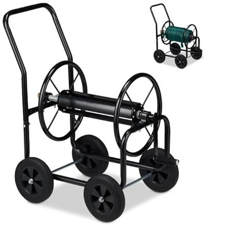 Garden Water Hose Reel Trolley - Portable, Heavy Duty, Free Standing, Black Water Pipe Cart