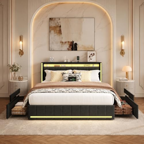 KeepGoon Letto matrimoniale 160 x 200 cm, letto imbottito con luci a LED, 4 cassetti in ferro e una porta di ricarica USB, tessuto di lino (grigio scuro)