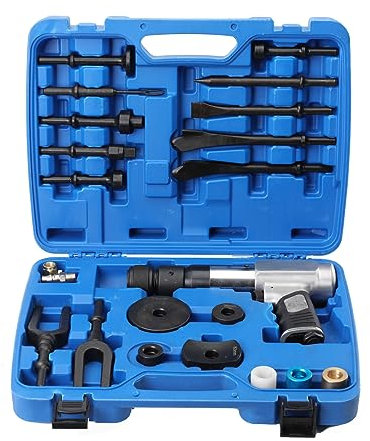TABODD Pneumatic Air Hammer Chisel Kit, Heavy Duty Pneumatic Hammer with Quick-Change Chuck Handheld Chassis Repair Set for Motor Vehicles and Workshop Vehicles, Blue Carrying Case