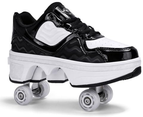 Rollschuhe für Frauen, 4 Räder Männer Schlittschuhe, PU Leder Roller Schuhe für Mädchen/Jungen/Damen/Unisex Indoor/Outdoor,Black-41
