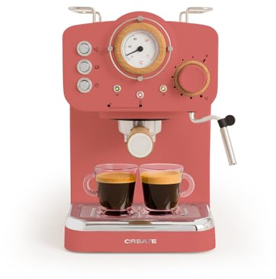 CREATE / THERA RETRO/Cafetera Express Semiautomática terracota mate y madera / 20 bares, brazo doble salida, depósito 1,25L, café molido y monodosis ESE 55mm, con vaporizador, 1100W