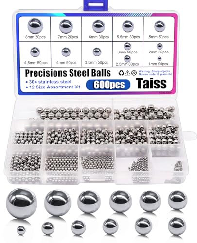 Taiss 600pcs Ball Bearings,12 Size 1mm/2mm/2.5mm/3mm/3.5mm/4mm/4.5mm/5mm/5.5mm/6mm/7mm/8mm Stainless Steel Precision Steel Balls 1-8mm Metric Bicycle Ball Bearings Assortment Kit K-085-600