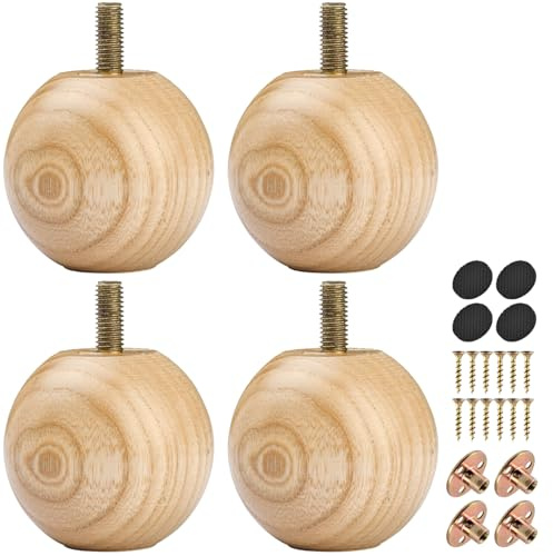 La Vane 2 inch Ash Wood Round Small Ball Furniture Bed Legs,Varnished,4PCS | Ash Wood with Straight Grain, Minimalist Modern & Small adds elegant touch to sofa, bed, cabinet, Dresser, Hardware inclu.
