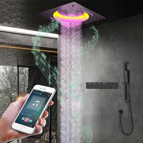 OihPaw Schwarz Duschsystem, Kopfbrause 55 × 55 cm, LED-Regendusche Duschset | Duschsystem mit Thermostat, Unterputz-Dusche, Überkopfbrause, 3 Funktionen: Regen, Wasserfall, Sprühstrahl, Höhenverstellbar