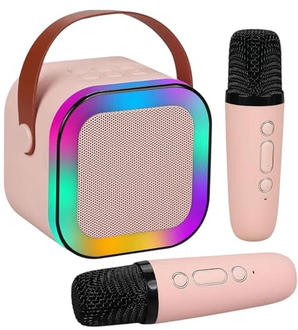 Portable Wireless Karaoke Machine 2 Microphones, HIFI Stereo Sound KTV Speaker Colorful LED Lights Bluetooth Kids Best Gifts Outdoor Living Room, For Her Him Girls Boys UK (Pink)