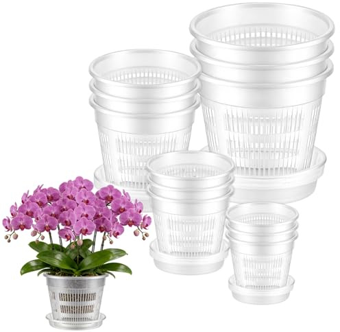 UNGFEI Lot de 12 pots à orchidée transparents avec trou de drainage et plateau, 11/14/16/19 cm, pour culture des racines, plantes grasses, plantes d'intérieur, 4 tailles