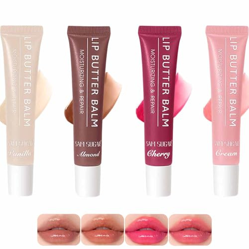 4 Farben Glossy Lip Butter Gloss Set,Lippenbalsam Mit Farbe Nährend Feuchtigkeitsspendender Plumping Lipgloss Lang anhaltender,Wasserfester,Lippenbalsam Set