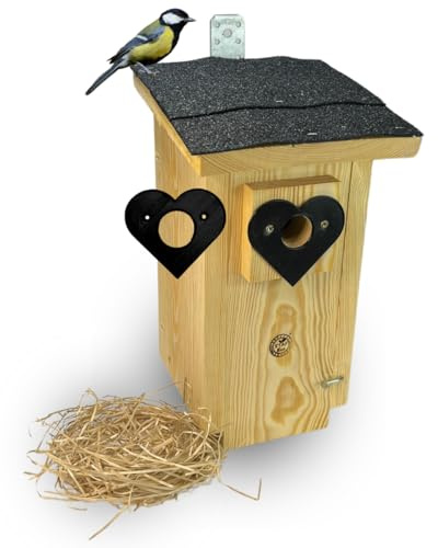 STAFECO Nistkasten Meisen für Blaumeisen und Kohlmeisen Holz mit weicher Pappel Holzwolle herzförmige Schutzringe (32 mm & 28 mm) sicheres Zuhause für Gartenvögel