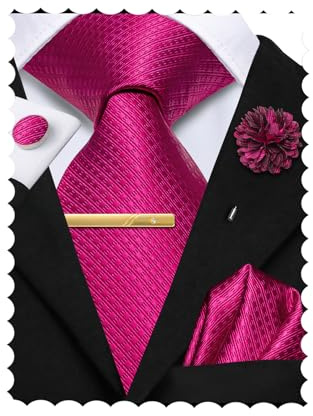 Juego de corbatas Hi-Tie para hombre, 4 piezas, con pañuelo y gemelos, diseño floral, pin de solapa, para bodas y negocios, Fucsia, M