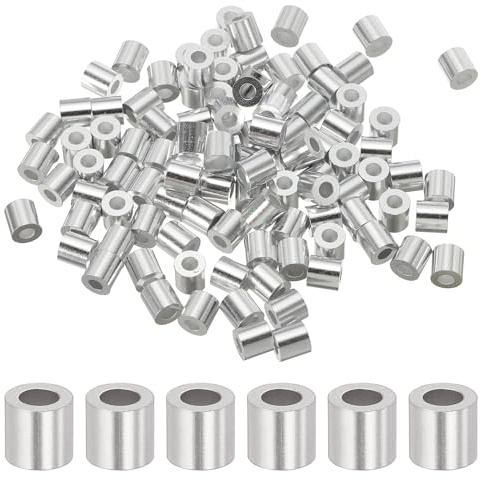 sourcing map 1/8(2.5mm) Aluminum Crimping Loop Sleeve, Wire Rope Stop Sleeve Round Crimp Ferrules for Wire Rope and Cable Ferrule, Silver 100Pcs