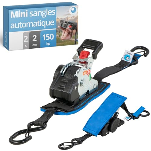 valonic FOX 2 m, mini cinghie a cricchetto, per fissaggio in furgone, set da 2, 150 kg forza di serraggio, 19 mm, cricchetto gommato