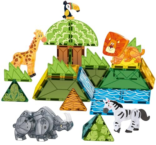 Oriate Magnet Safari Animals Magnetic Tiles Blocks, 30pcs Movable Joint Zoo Animals with Magnetic Building Construction Magnet Tiles, Lion Zebra Giraffe Kids Educational Animal Toy Zoo Travel Set