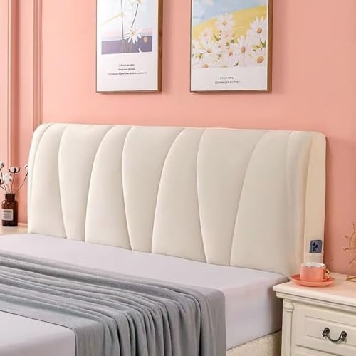 Bettkopfteil Bezug 180cm Beige, 3 cm Dick Samt Bett Kopfteil Bezug Mit Seitentaschen, 360° Rundumschutz Staubdicht Kopfteilbezug, Abnehmbar & Waschbar, Weicher & Atmungsaktiver Betthusse für Kopfteil
