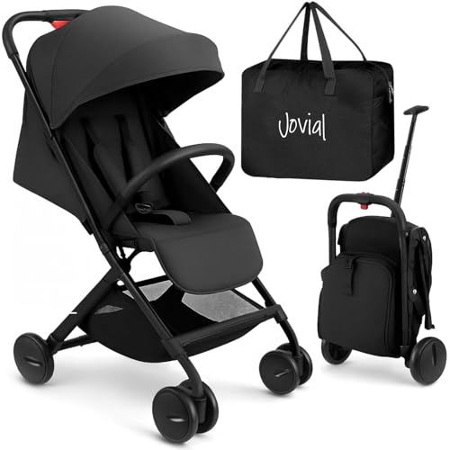 Jovial Lightweight Baby Stroller, Folding Travel Stroller with Reclining Seat, Canopy, 5-Point Safety Harness, Storage Basket, Smooth Wheels, Compact Portable Design (39.8 x 18.7 x 32.3)