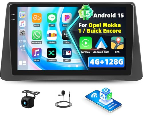 4+128G Autorradio Android 15 para Opel Mokka 1 / Buick Encore, Pantalla Táctil Incell de 9 con CarPlay inalámbrico y Android Auto Bluetooth 5.0 GPS WiFi FM/RDS 32EQ+ cámara de Marcha atrás AHD