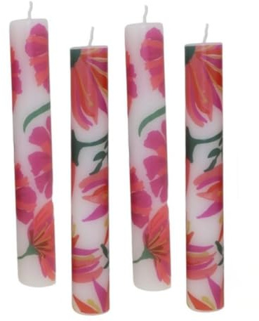 ukiyo 4er Pack Rustikale Stabkerzen H:24 cm Ø:3,4 cm - 24 Stunden Brenndauer - Dicke Kerzen Dinnerkerzen Tafelkerzen Kirchenkerzen, Farbe:Blumen Rot/Pink