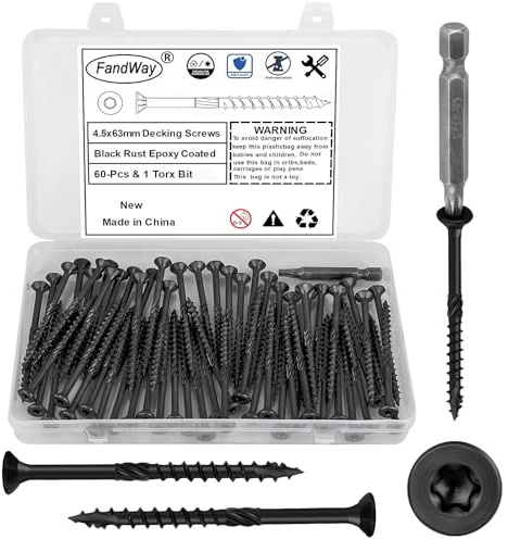FandWay 60 tornillos para madera Torx 4,5 x 63 mm para aglomerado negro epoxi, tornillos de cabeza avellanada, tornillos para construcción de techo, tornillos universales con accionamiento Torx T25.