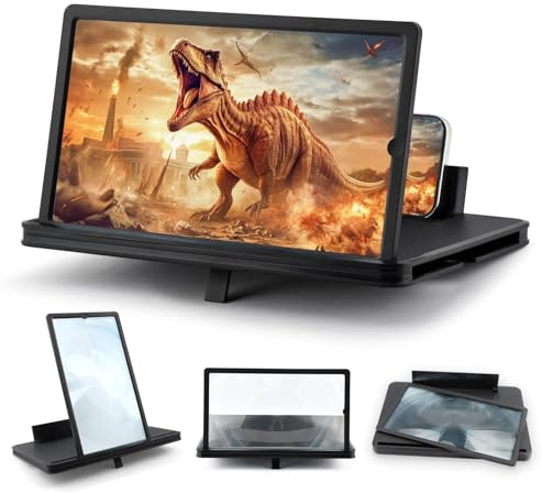 12Upgraded Screen Phone Magnifier, Portable HD 3D Magnifying Projector Horizontal Screen Enlarger with ScreenAmplifier, Foldable Cell Phone Stand Supports for All Smartphones(Black)