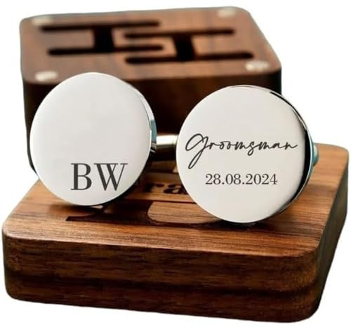Personalised Cufflinks for Men – Engraved Round Wedding Cufflinks, Groom, Best Man & Groomsmen Gift, Silver Gold Black, Custom Initials with Tie Clip & Wooden Box