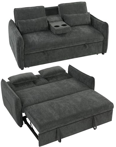 HOMCOM Sofá Cama 2 Plazas 3 en 1, Sofá Cama de Chenilla con Mesa Auxiliar, Portavasos, Respaldo Ajustable, Bolsillos Laterales, 2 Almohadas para Sala de Estar, Espacios Pequeños, Gris Oscuro