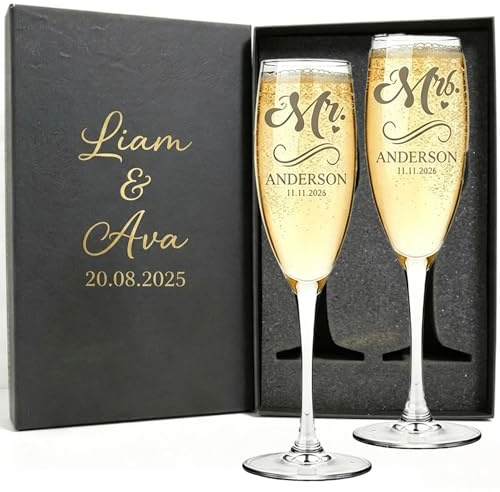 NGBEWU Pack de 2 Copas de Cava/Champán Personalizadas con Grabado | Grabado de Nombre, Texto, Logo o Foto | Copas Grabadas para Boda, Aniversario, Bodas de Oro/Plata y Eventos (Estilo 2) (estilo1)