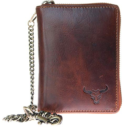 FLW Billetera marrón estilo motero zip alrededor de cuero con el toro con cadena de metal